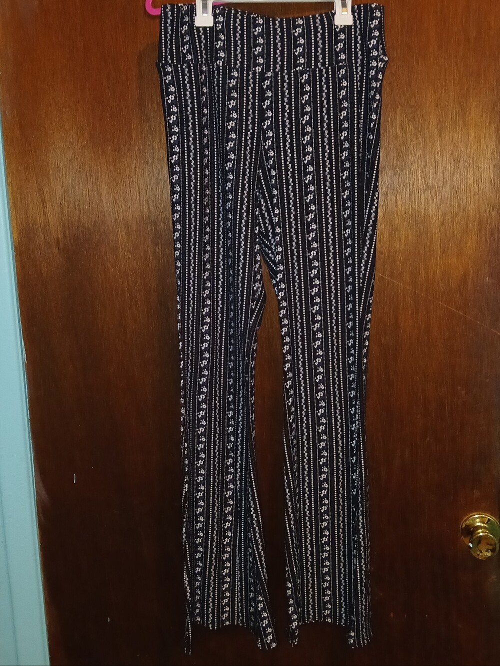 No Boundaries Black, Blue & White Paisley Striped Bell Bottom Leggings